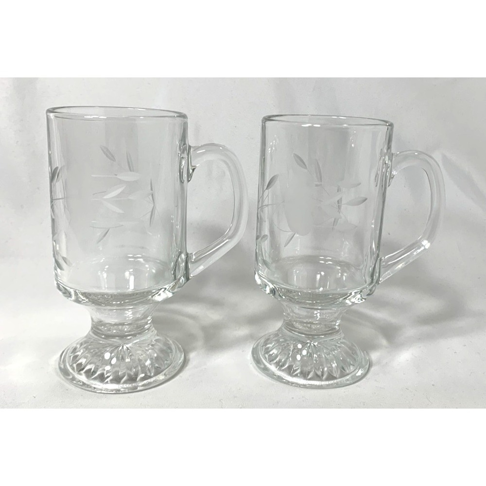 Princess House Irish Coffee Crystal Mugs Footed Floral Etched Set of 2 Vintage
